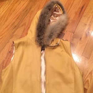 Yellow mustard leather vest with fur trim